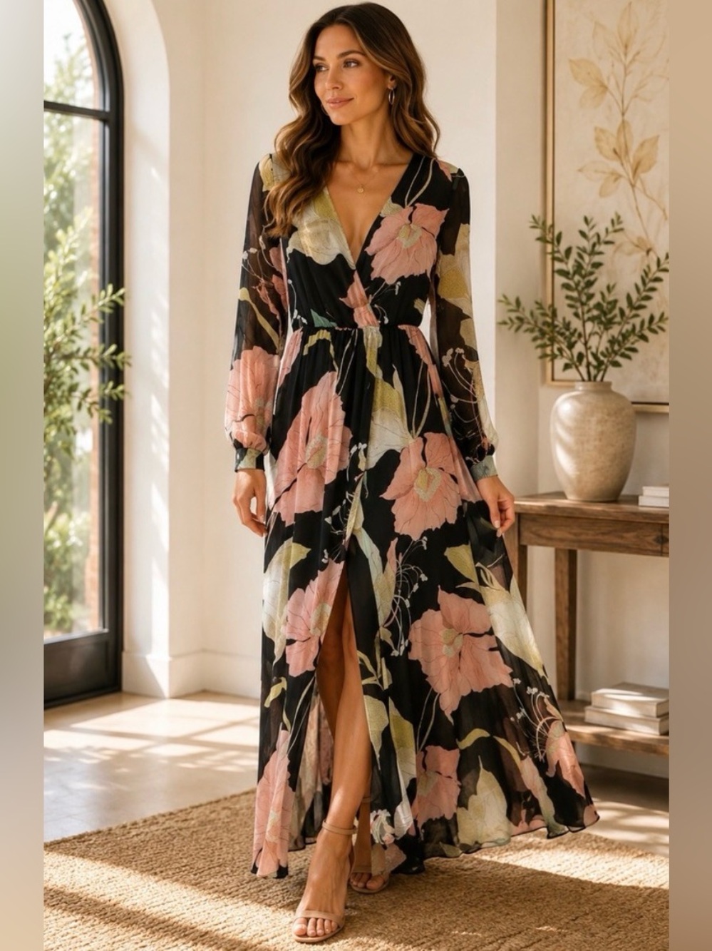 Lulu's Black Floral Maxi Dress with Pink & Green Blooms